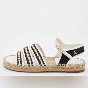 CHANEL Black and White Espadrille Sandals with Gold CC Accent